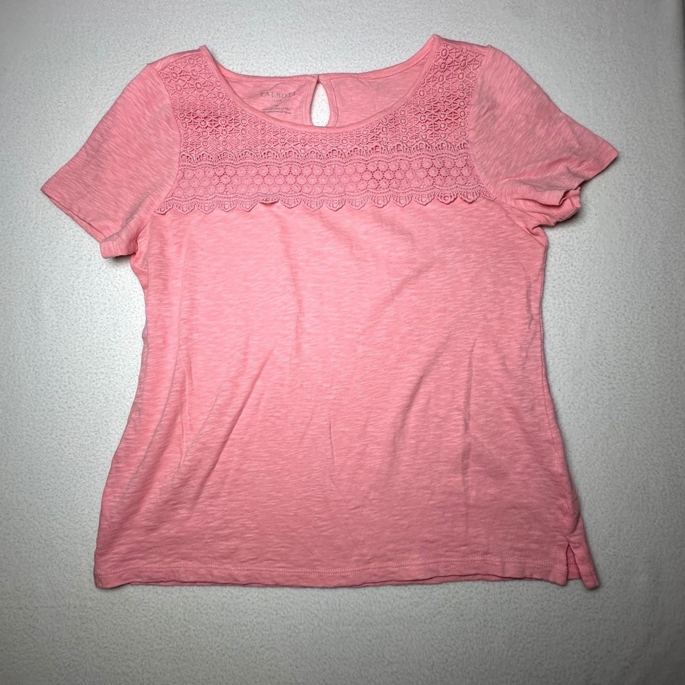 Talbots Petite Pink Crochet Lace Yoke Slub Cotton Tee Top SP - Picture 2 of 6